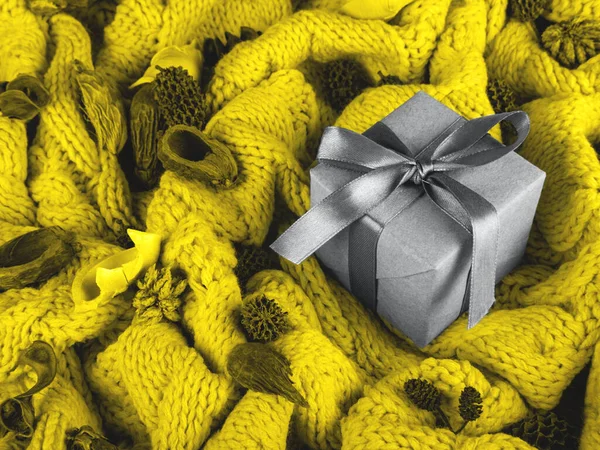 Un regalo en el papel artesanal con la cinta en el fondo de punto de lana decorando con objetos de plantas secas en los modernos colores amarillos y grises del año. —  Fotos de Stock