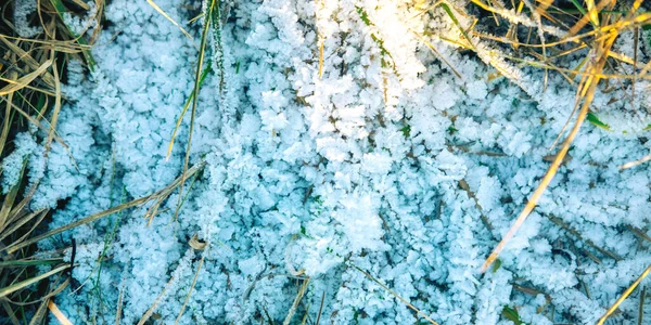 Den pittoreska närbild av snöig glänta i solen, vinter bakgrund. — Stockfoto