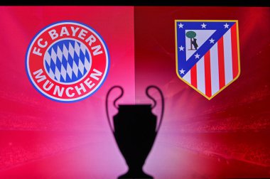 NYN, SVISS, Kasım 2. 2020 Bayern Münih Atltico Madrid 'e karşı. Futbol UEFA Şampiyonlar Ligi 2021 Grup Stage maçı. UCL Kupa silueti, arka planda kulüp işareti