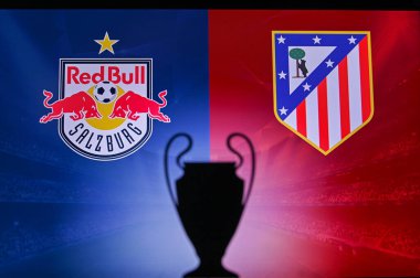 NYN, SVISS, Kasım 2. 2020 Red Bull Salzburg Atltico Madrid 'e karşı. Futbol UEFA Şampiyonlar Ligi 2021 Grup Stage maçı. UCL Kupa silueti, arka planda kulüp işareti