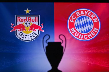 NYN, SVISS, Kasım 2. 2020: Red Bull Salzburg, Bayern Münih 'e karşı. Futbol UEFA Şampiyonlar Ligi 2021 Grup Stage maçı. UCL Kupa silueti, arka planda kulüp işareti