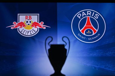 NYN, SVISS, Kasım 2. RB Leipzig, Paris Saint-Germain 'e karşı. Futbol UEFA Şampiyonlar Ligi 2021 Grup Stage maçı. UCL Kupa silueti, arka planda kulüp işareti