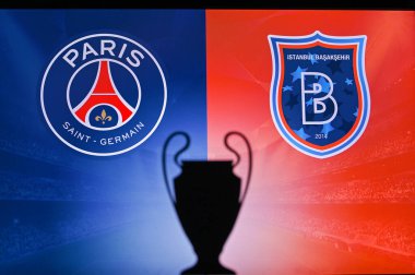 NYN, SVISS, Kasım 2. 2020: Barcelona, Ferencvros Budapeşte 'ye karşı. Futbol UEFA Şampiyonlar Ligi 2021 Grup Stage maçı. UCL Kupa silueti, arka grupta kulüp işareti.