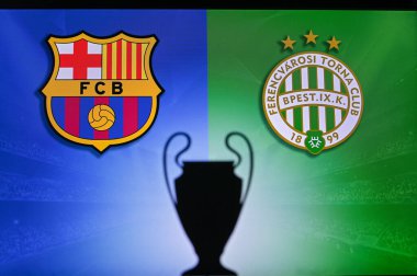 NYN, SVISS, Kasım 2. 2020: Barcelona, Ferencvros Budapeşte 'ye karşı. Futbol UEFA Şampiyonlar Ligi 2021 Grup Stage maçı. UCL Kupa silueti, arka grupta kulüp işareti.