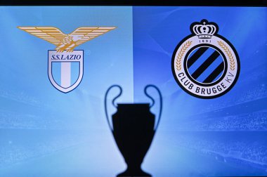 NYN, SVISS, Kasım 2. 2020: Lazio Club Brugge 'e karşı. Futbol UEFA Şampiyonlar Ligi 2021 Grup Stage maçı. UCL Kupa silueti, arka planda kulüp işareti