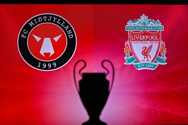 NYN, SVISS, Kasım 2. 2020: Midtjylland Liverpool 'a karşı. Futbol UEFA Şampiyonlar Ligi 2021 Grup Stage maçı. UCL Kupa silueti, arka planda kulüp işareti