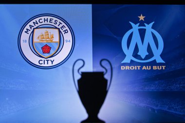NYN, SVISS, Kasım 2. 2020: Manchester City Olympique Marsilya 'ya karşı. Futbol UEFA Şampiyonlar Ligi 2021 Grup Stage maçı. UCL Kupa silueti, arka planda kulüp işareti