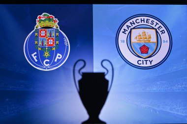 NYN, SVISS, Kasım 2. 2020: Porto FC, Manchester City 'ye karşı. Futbol UEFA Şampiyonlar Ligi 2021 Grup Stage maçı. UCL Kupa silueti, arka planda kulüp işareti