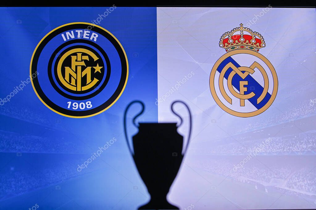 MADRID, SPAIN, NOVEMBER. 16. 2020: Inter Milan vs. Real Madrid Football UEFA Champions League 2021 Group Stage match. UCL Trophy silhouette, sign of club on the screen in background