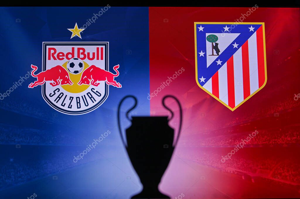 NYON, SWISS, NOVEMBER 2. 2020 Red Bull Salzburg vs. Atltico Madrid. Football UEFA Champions League 2021 Group Stage match. UCL Trophy silhouette, sign of club on the screen in background