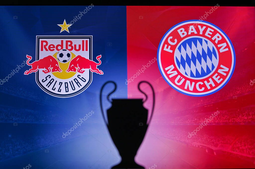 NYON, SWISS, NOVEMBER 2. 2020: Red Bull Salzburg vs. Bayern Munich. Football UEFA Champions League 2021 Group Stage match. UCL Trophy silhouette, sign of club on the screen in background