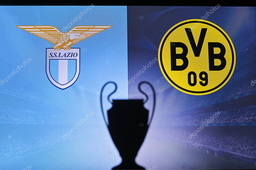 NYON, SWISS, NOVEMBER 2. 2020: Lazio vs. Borussia Dortmund. Football UEFA Champions League 2021 Group Stage match. UCL Trophy silhouette, sign of club on the screen in background