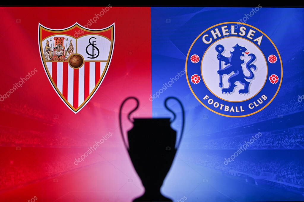 NYON, SWISS, NOVEMBER 2. 2020: Sevilla vs. Chelsea. Football UEFA Champions League 2021 Group Stage match. UCL Trophy silhouette, sign of club on the screen in background