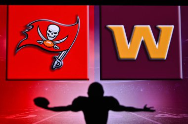 NYC, ABD, 2 Ocak. 2021: NFL Wild Card Maçı, 2021: Tampa Bay Buccaneers vs. Washington Futbol Takımı. - Evet. Profesyonel Amerikan futbolcusunun silueti. NFL kulübünün logosu