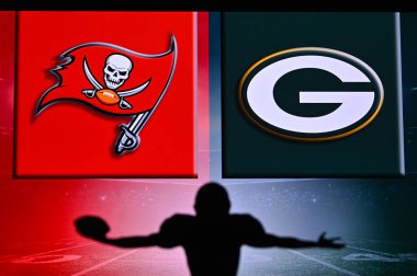NYC, USA, JANUARY 20, 2021, NFL CONFERENCE CHAMPIONSHIP 2020  Tampa Bay Buccaneers vs Green Bay Packers, . Silhouette of professional american football player. Logo of NFL club in background, clipart