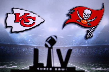 TAMPA BAY, USA, JANUARY, 25. 2021  Super Bowl LIV, the 55th Super Bowl 2020, Kansas City Chiefs vs. Tampa Bay Buccaneers. American football match, silhouette of Vince Lombardi Trophy. NFL Final clipart
