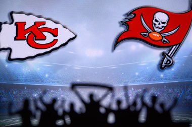 TAMPA BAY, USA, JANUARY, 25. 2021  Super Bowl LIV, the 55th Super Bowl 2020, Kansas City Chiefs vs. Tampa Bay Buccaneers. American football match, silhouette of Vince Lombardi Trophy. NFL Final clipart