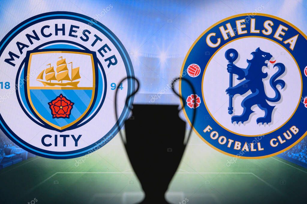 LONDON, ENGLAND, MAY. 8. 2021: Manchester City (ENG) vs Chelsea FC (ENG). UEFA Champions League Final 2021 in Istanbul, turkey, football soccer, UCL Trophy Silhouette, logo in background. 29. may 2021