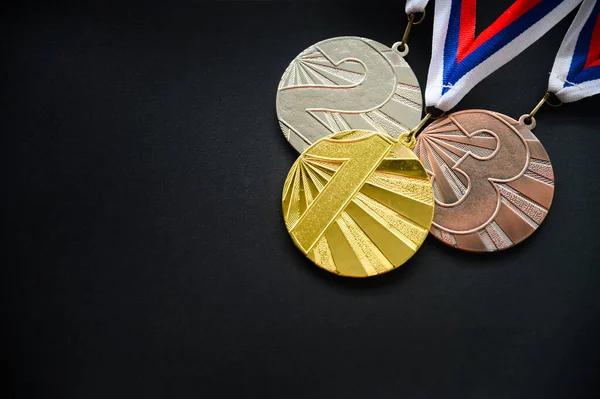 Medalha Prata Bronze Ouro Conjunto Medalhas Foto Conceito Cerimônia Medalha — Fotografia de Stock