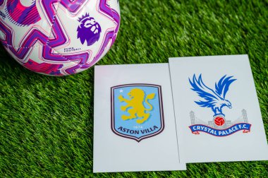LONDRA, BİRLİK KINGDOM, 23 Şubat 2026 Aston Villa 'ya karşı. Crystal Palace Premier Lig maçı, yeşil çimlerde resmi futbol topu, düzenleme alanı olan duvar kağıdı.