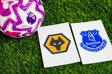 LONDON, UNITED KINGDOM, FEBRUARY 23, 2026: Wolverhampton Wanderers, Everton İngiliz Premier Ligi karşılaşması, takım logoları ve yeşil çimlerde futbol topu