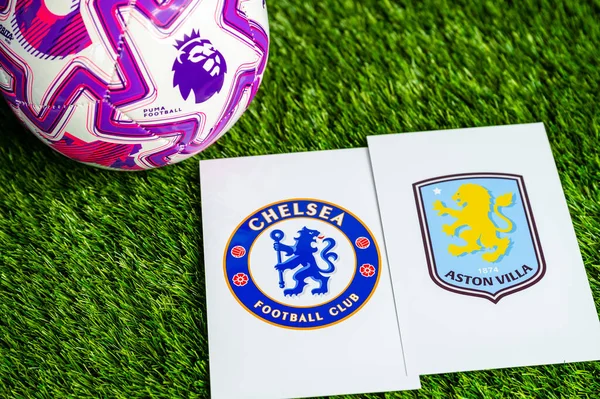 LONDON, UNITED KINGDOM, FEBRUARY 23, 2026: Chelsea - Aston Villa Premier Ligi maçı, yeşil çimlerde resmi futbol topu, düzenleme alanı olan duvar kağıdı.