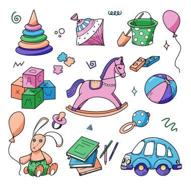 El çizimi çocuklar karalama seti, karalama stili. Arkaplan, web tasarımı, tasarım ögeleri, tekstil baskıları, kapaklar, tebrik kartları için vektör renkli illüstrasyon veya simgeler