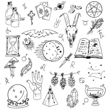Mistik, dinsel ve şeytani sembollerin grafik çizimleriyle dizayn edilmiş. Simya, büyü, cadılık ve mistisizm temalı çeşitli okült ve ruhani çizimler..