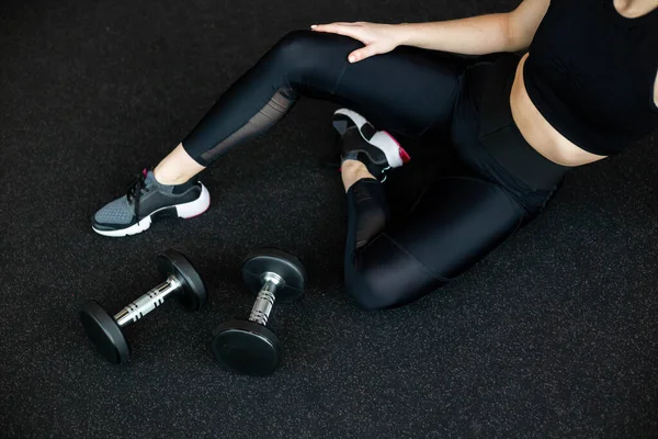 Young Girl Black Sportswear Engaged Gym Dumbbells Fitness Club Concept — Stock Photo, Image