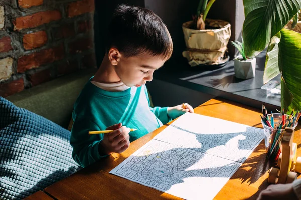 Evde ya da kafede mutlu bir anaokulu çocuğunun portresi çiziliyor.. — Stok fotoğraf