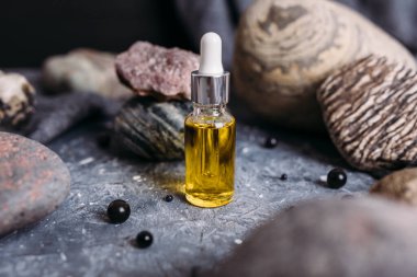 Doğal sihirli yağı olan küçük cam bir şişe. Kozmetik ve sihirli iksir.