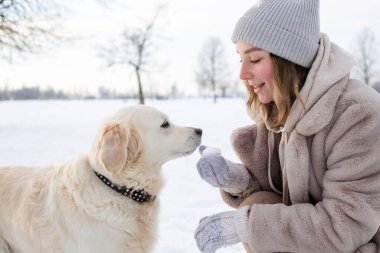 Genç güzel kadın ve onun golden retriever köpeği kışın eğleniyorlar..