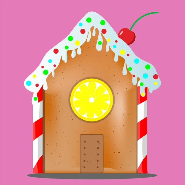 Vektör içinde Noel illüstrasyonu - pembe arka planda zencefilli kurabiye evi — Stok Vektör