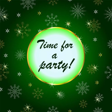 Yeşil zemin üzerinde yuvarlak afiş ve kar taneleri.