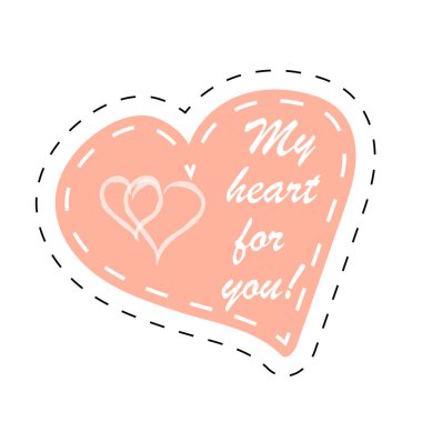 Üstünde yazı olan bir kalp çıkartması. Sevgililer Günü için vektör illüstrasyonu.