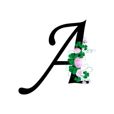 Beyaz arkaplanda çiçek desenli A harfi.