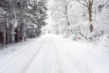 Dağ yolunda karla kaplı ağaçlarla kaplı kış manzarası. Sudetler beyaz karla kaplı. Sis dağlarda görüş mesafesini sınırlayan bulutlu bir gün..