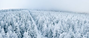 Yürüyüş yolu olan karla kaplı bir orman, Sudetes 'te kış manzarası. Jagodna Dağı 'nın tepesindeki gözlem kulesinin manzarası. Sisli ve soğuk bir gün dağlarda görünürlüğü sınırlıyor
