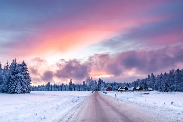 Spalona, kış manzarası batan güneşle aydınlanan renkli bulutlar. Beyaz kar ve renkli gökyüzü ile kaplı ağaçlara uzanan yürüyüş patikasından manzarayı.