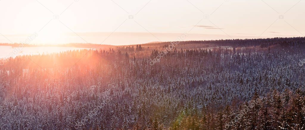 Sunset over the forest, winter view from the lookout point in the Stolowe Mountains. The mountain valley is illuminated by the rays of the setting sun.