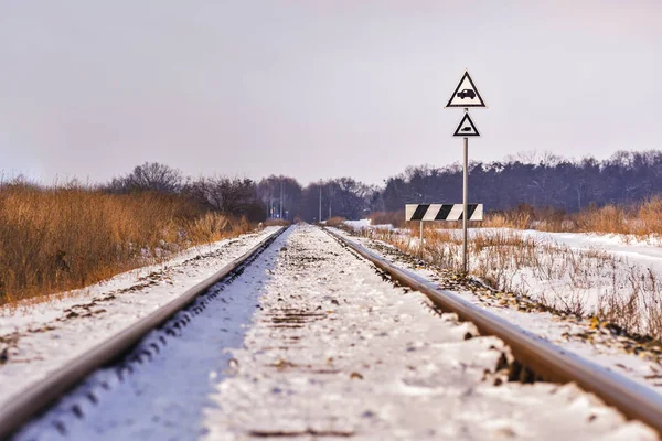Залізничні Колії Снігу Зимовий Пейзаж — стокове фото