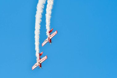 Leszno, Polonya - 19 Haziran 2021: The Zelazny Aerobatic Team Zlin 50LS Antidotum Airshow Leszno 'da sahne aldı. Zlin 50LS tek motorlu akrobatik düzlemdir..