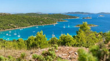 Denizde küçük adaları, yeşil ormanı ve mavi suları olan Hırvat kıyı manzarası, güneşli bir günde bir tepeden manzaralı.