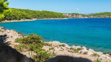 Deniz kıyısında berrak mavi suyu olan doğal bir kayalık kıyı şeridi. Keskin kayalar suyun üstünde çıkar ve kıyı boyunca yeşil ağaçlar büyür..