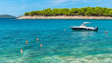 Deniz kıyısına demirlemiş bir motorlu tekne, güneşli bir günde, kayalık bir sahil boyunca mavi suyu ve yeşil ağaçları olan bir deniz manzarası..