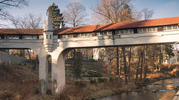 Ladek Zdroj - puente cubierto sobre el río en el parque de la ciudad . — Foto de Stock