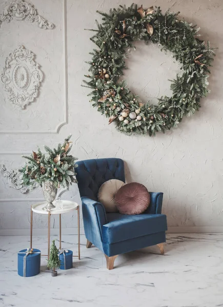 Cozy home decorated for Christmas. Natural Christmas decorations.