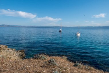 Yazın Porquerolles adasının keşfi. Fransız Rivierası 'nın bu manzarasında terk edilmiş plajlar ve çam ağaçları, Var.