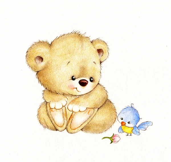 Cute Teddy bear and bird — Stock Photo, Image