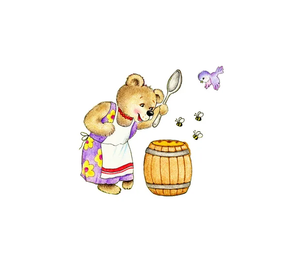 Mama bear and barrel of honey — Stock Photo, Image